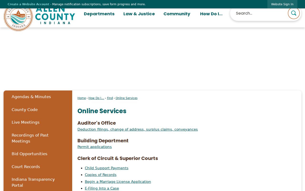 Allen County online services directory for public records