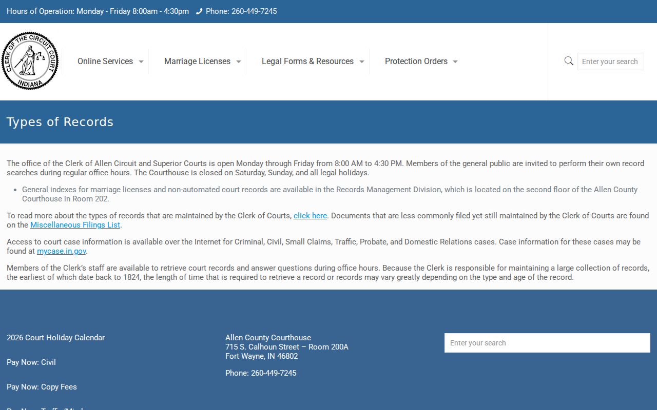Allen County Clerk types of court and historical records