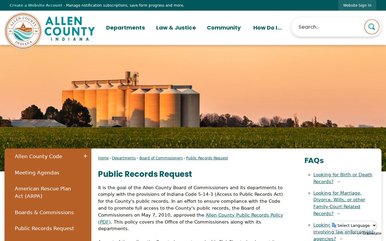 Allen County public records request page and routing information