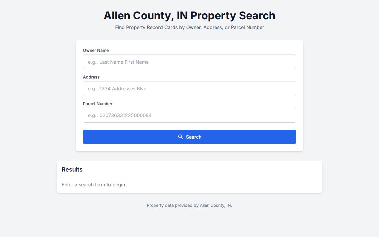 Allen County property record card search page