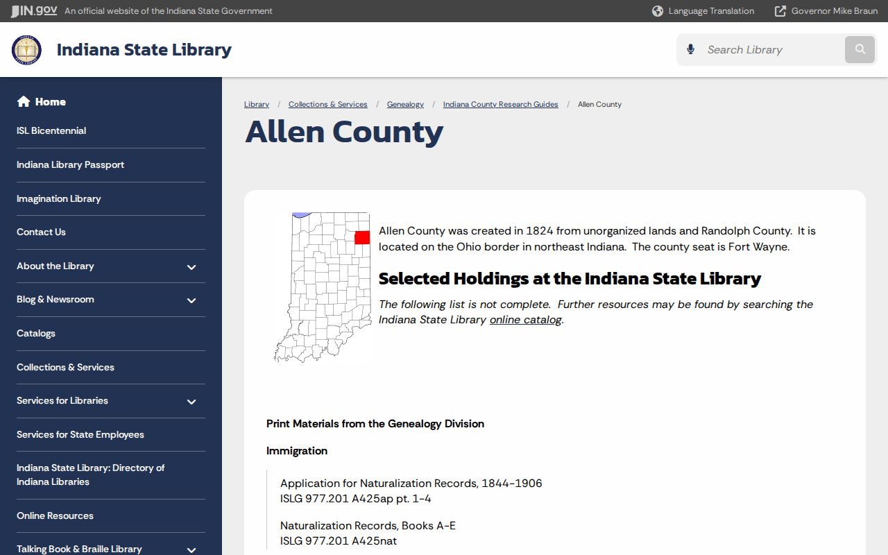 Indiana State Library genealogy guide for Allen County