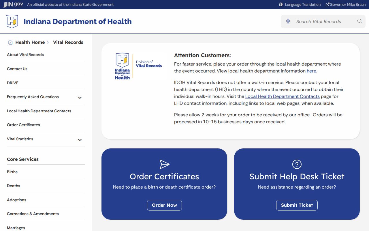 Indiana Vital Records official access page used for Allen County records