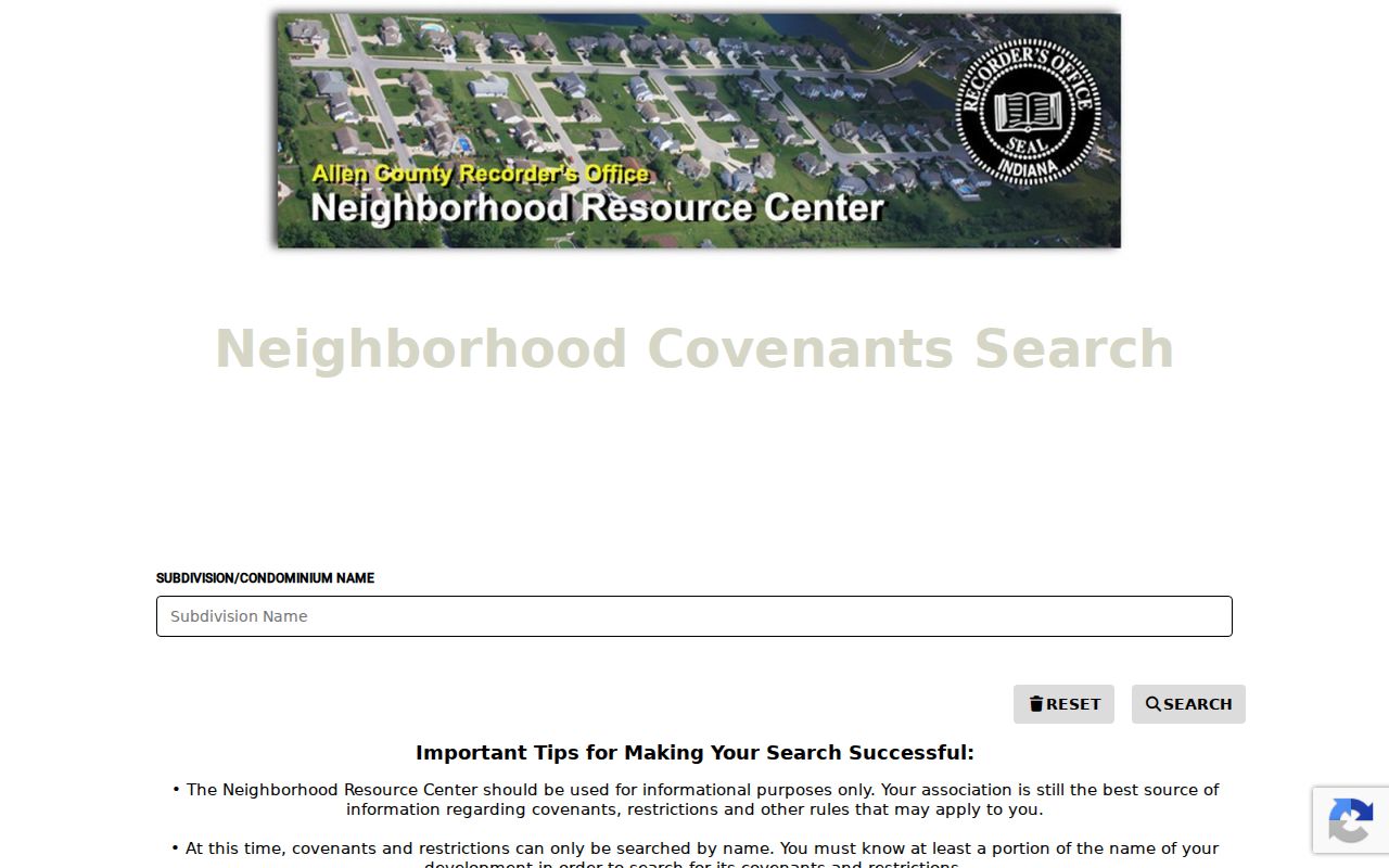 Allen County neighbors recorded covenant search