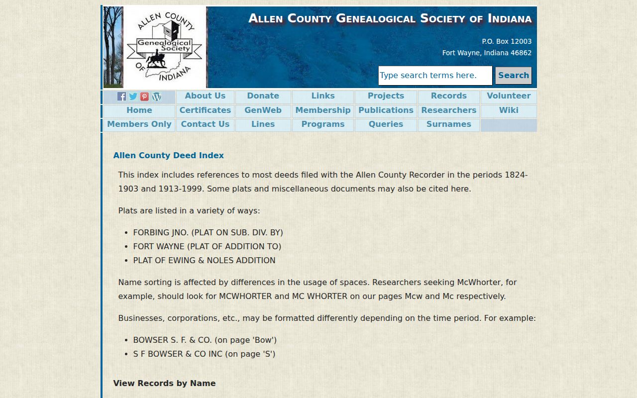 Allen County past residents ACGSI deed index
