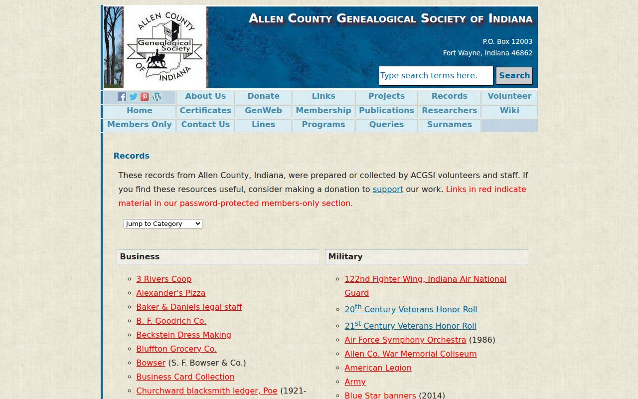 Allen County past residents ACGSI local records index