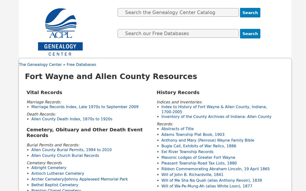 Allen County past residents local genealogy database index