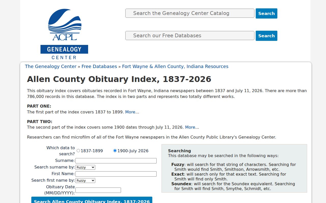 Allen County name lookup obituary index