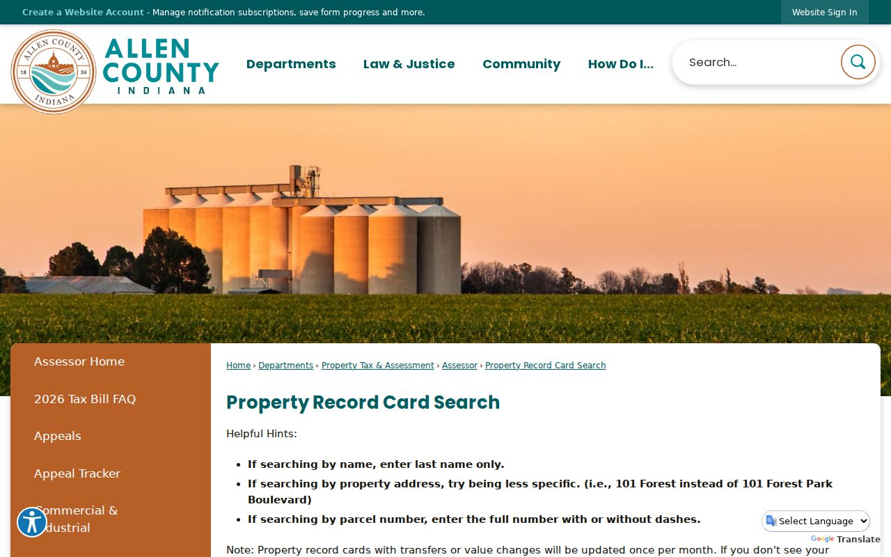 Allen County street directory property record card search